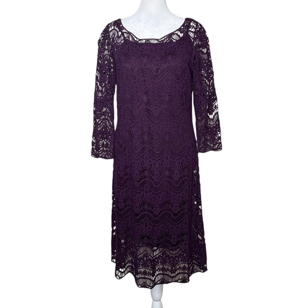 Ralph Lauren LRL Deep Purple Lace Sheath Dress M Plum Floral 3/4 Sheer Sleeve